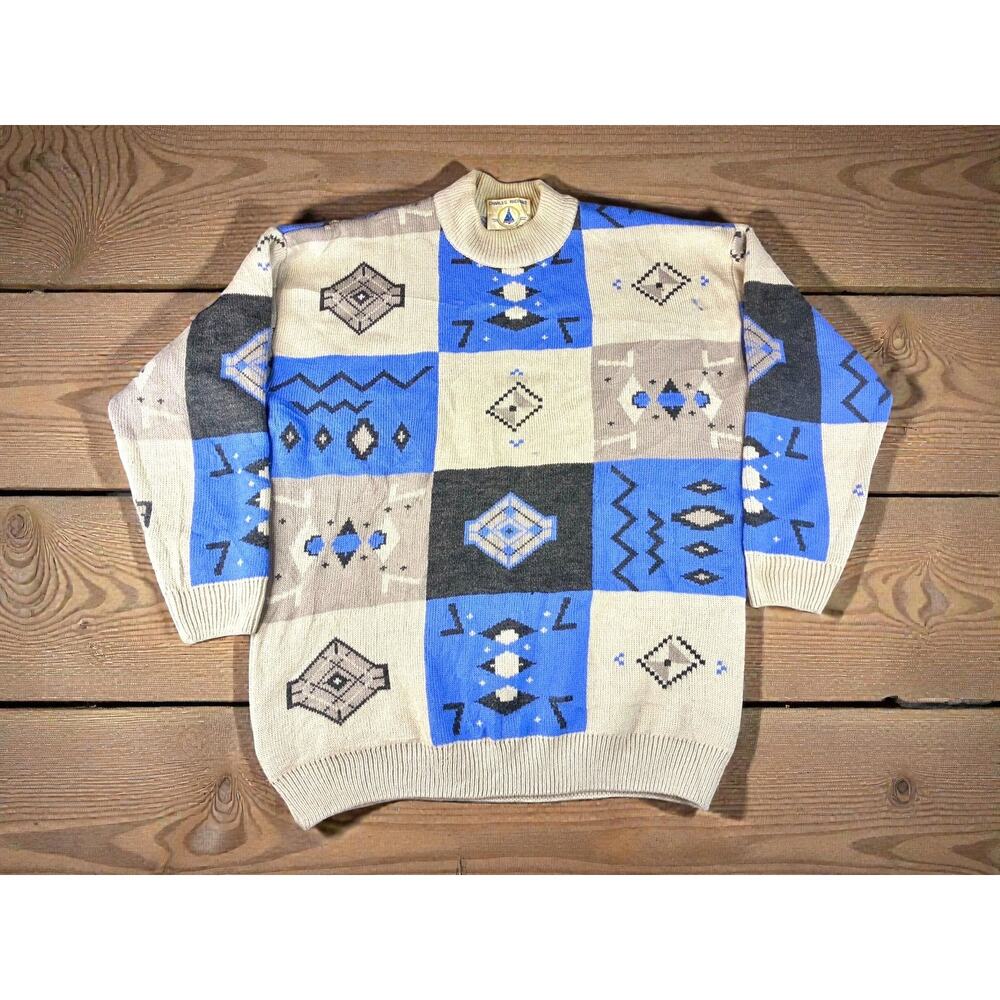 Vintage Charles Richard Paris Geometric Knit Sweater Gray Patchwork Wool Blend